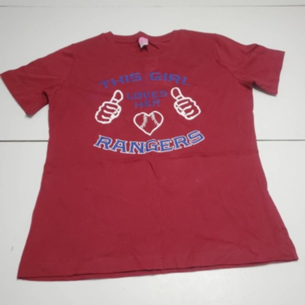 LAT Womens T-Shirt Red Blue This Girl Loves Her Rangers Short Sleeve Crew Neck M